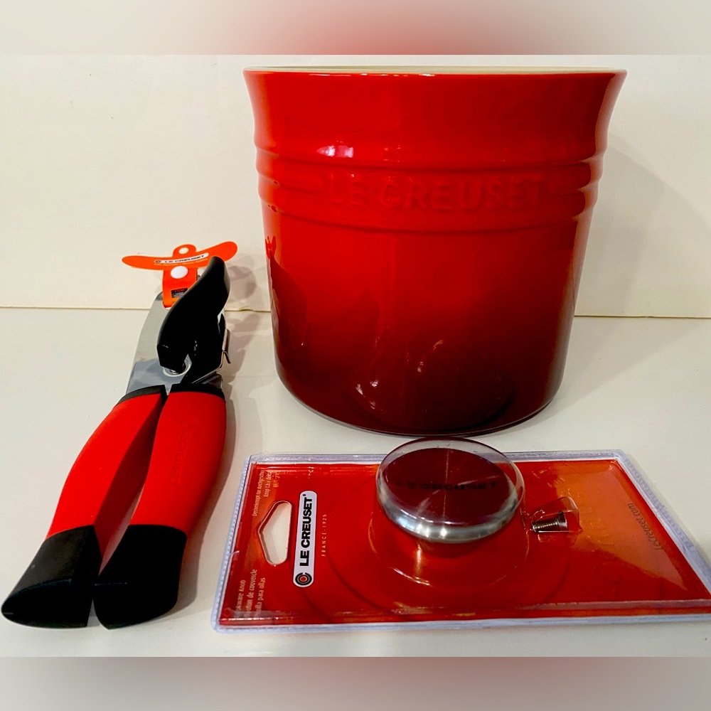 NWT lot of 3 Le Creuset Large Utensil Crock/Holder, Can Opener and Cookware Knob
